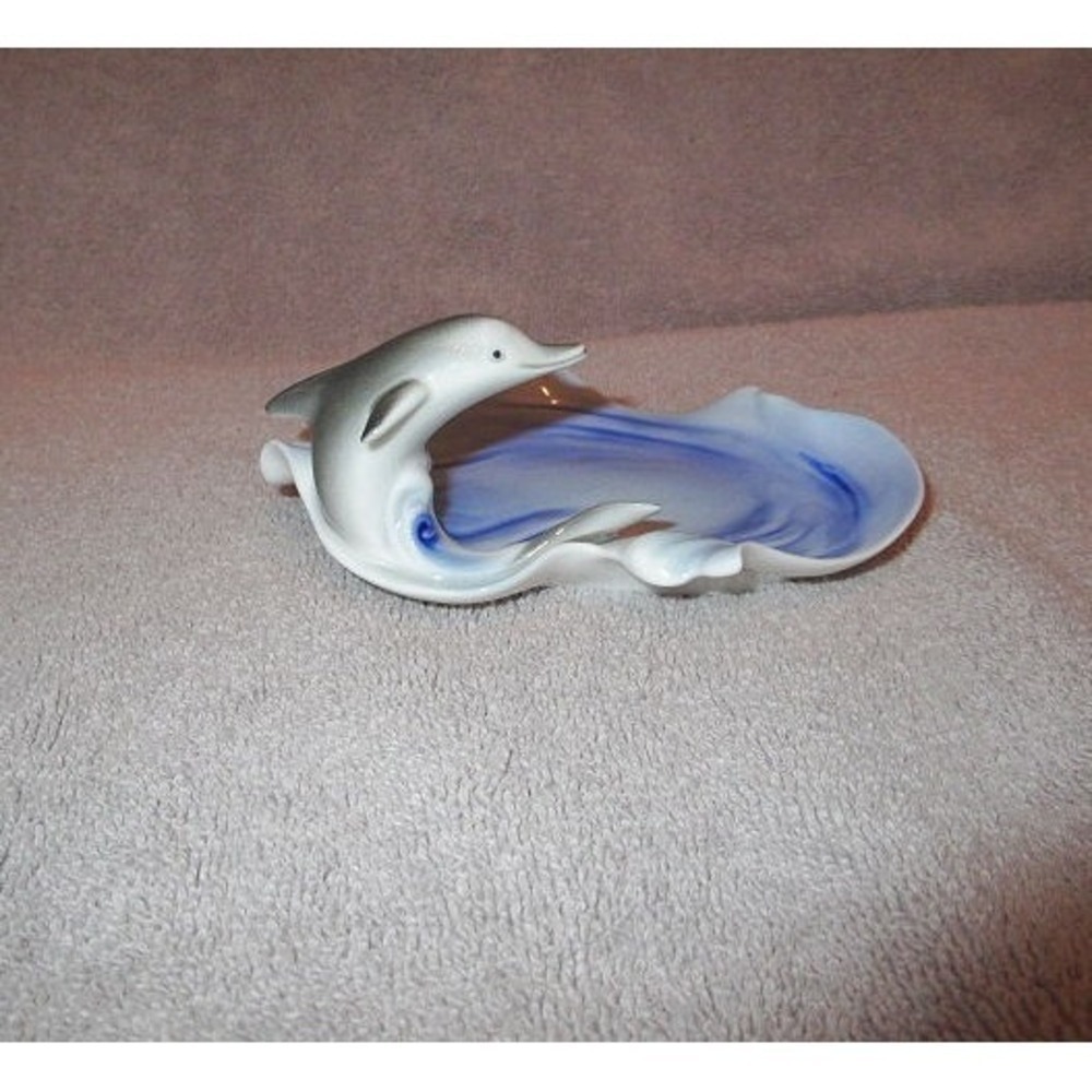 Vtg Dolphin On Waves Trinket Dish Porcelain Scalloped German Meissen Alli Decor